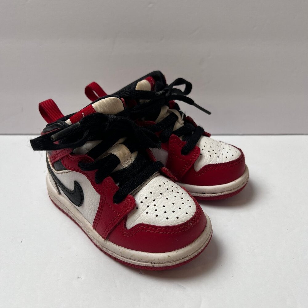 Kids Jordan 1 Red White with Black Swoosh Shoes Size 5C Black Laces